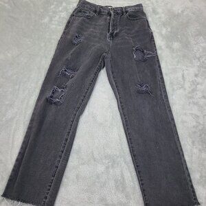 Pac Sun Jeans Women Size 26x26 Black Straight Distressed High Rise Button‎ Fly